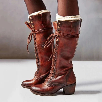 Ashford | Renata – Women’s Knee - High PU Leather Boots with Lace - Up Front & Chunky Heel - Ashford London Clothing