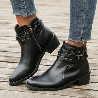 Ashford | Renée – Women’s PU Leather Ankle Boots with Buckle, Laces & Block Heel - Ashford London Clothing