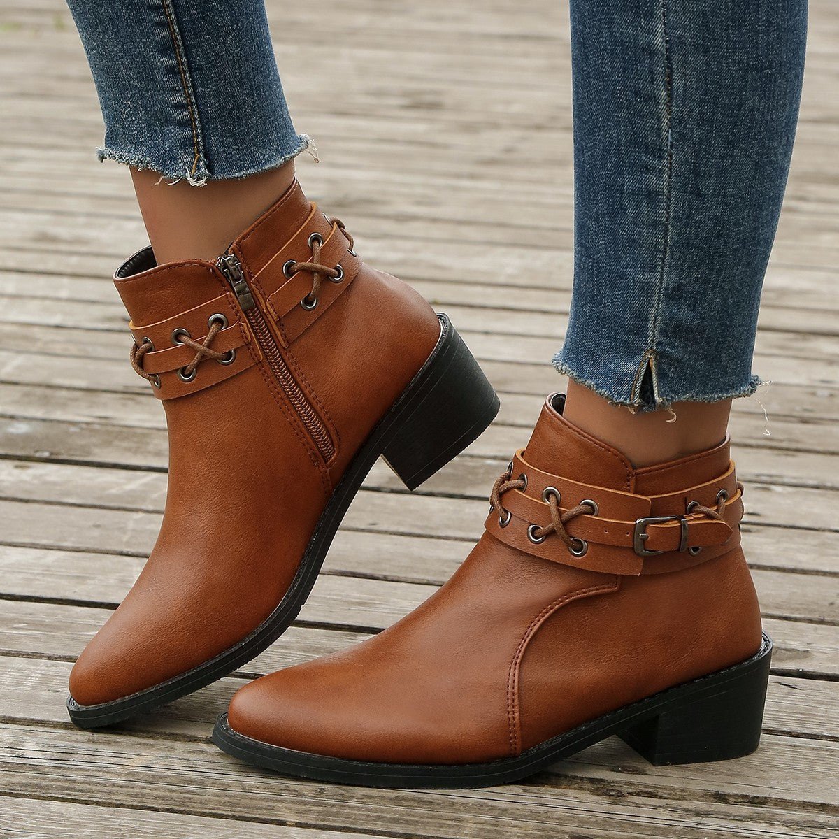 Ashford | Renée – Women’s PU Leather Ankle Boots with Buckle, Laces & Block Heel - Ashford London Clothing