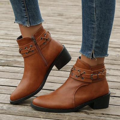 Ashford | Renée – Women’s PU Leather Ankle Boots with Buckle, Laces & Block Heel - Ashford London Clothing