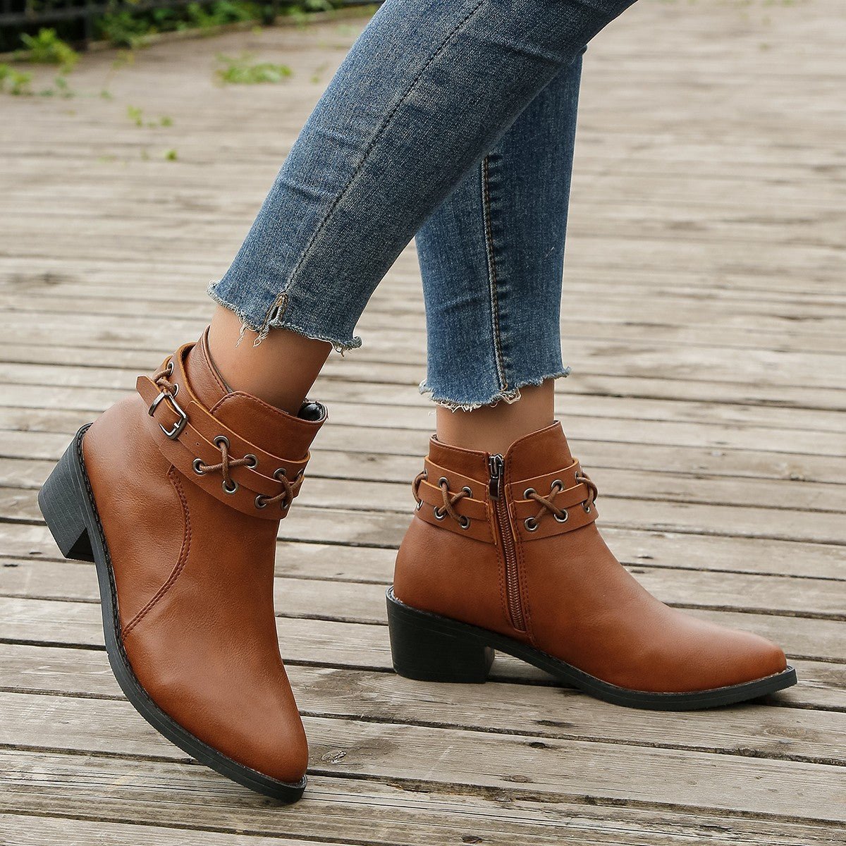 Ashford | Renée – Women’s PU Leather Ankle Boots with Buckle, Laces & Block Heel - Ashford London Clothing