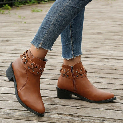 Ashford | Renée – Women’s PU Leather Ankle Boots with Buckle, Laces & Block Heel - Ashford London Clothing