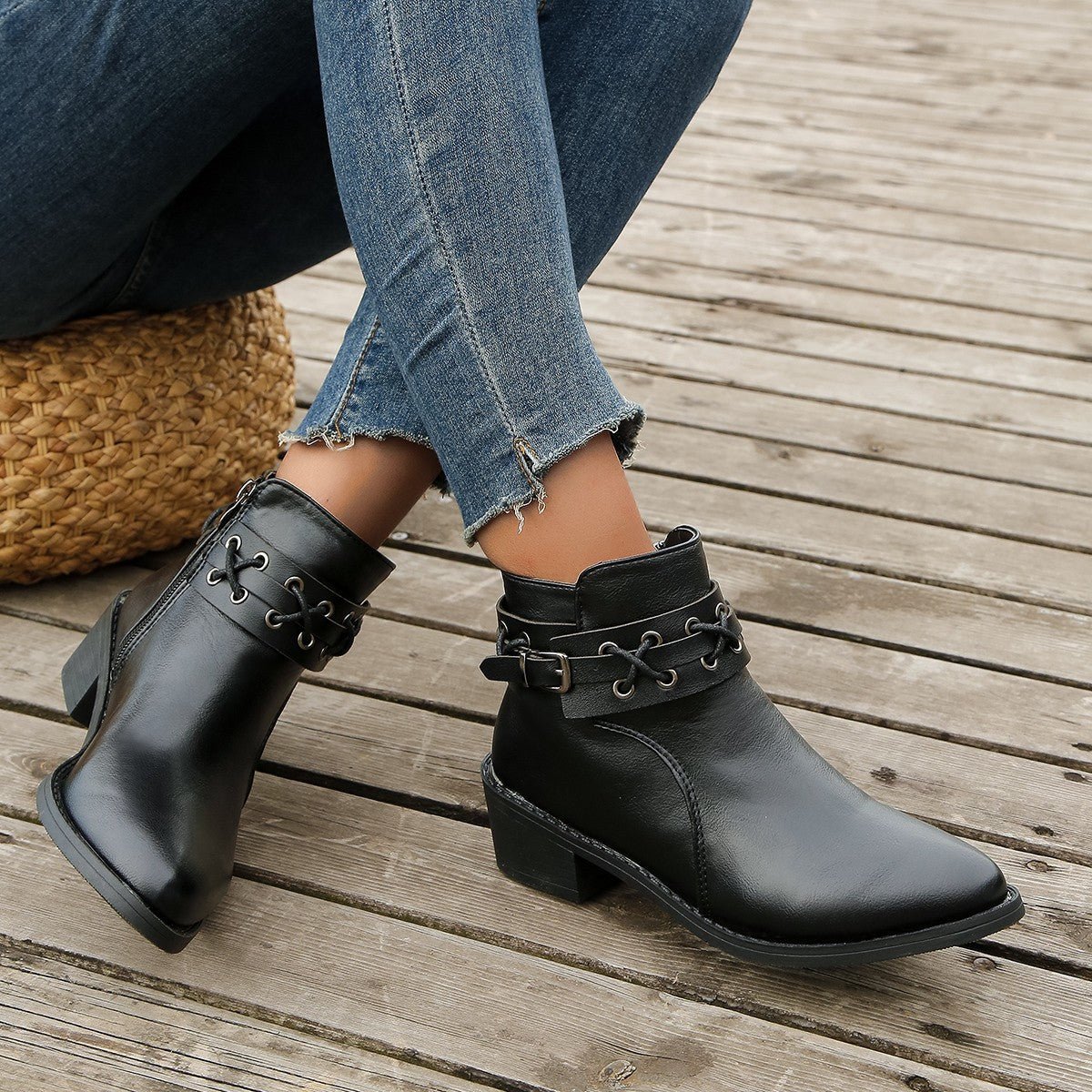 Ashford | Renée – Women’s PU Leather Ankle Boots with Buckle, Laces & Block Heel - Ashford London Clothing