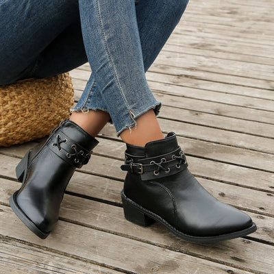 Ashford | Renée – Women’s PU Leather Ankle Boots with Buckle, Laces & Block Heel - Ashford London Clothing