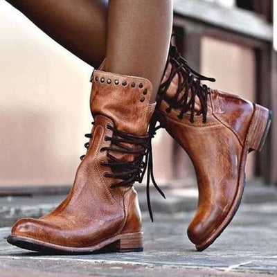 Ashford | Rowan – Women’s Mid - Calf Lace - Up Leather Boots with Metal Stud Detail - Ashford London Clothing