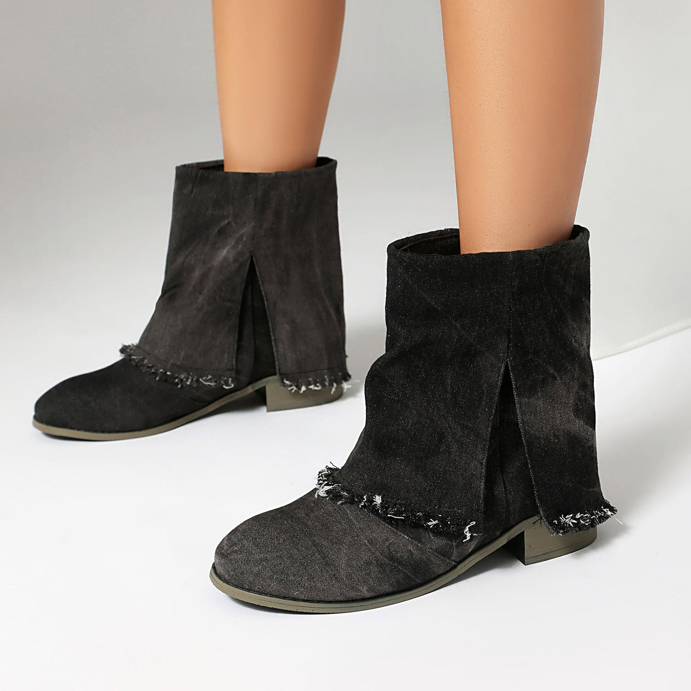 Ashford | Sunniva – Women’s Denim Slip - On Ankle Boots with Distressed Trim & Side Slits - Ashford London Clothing
