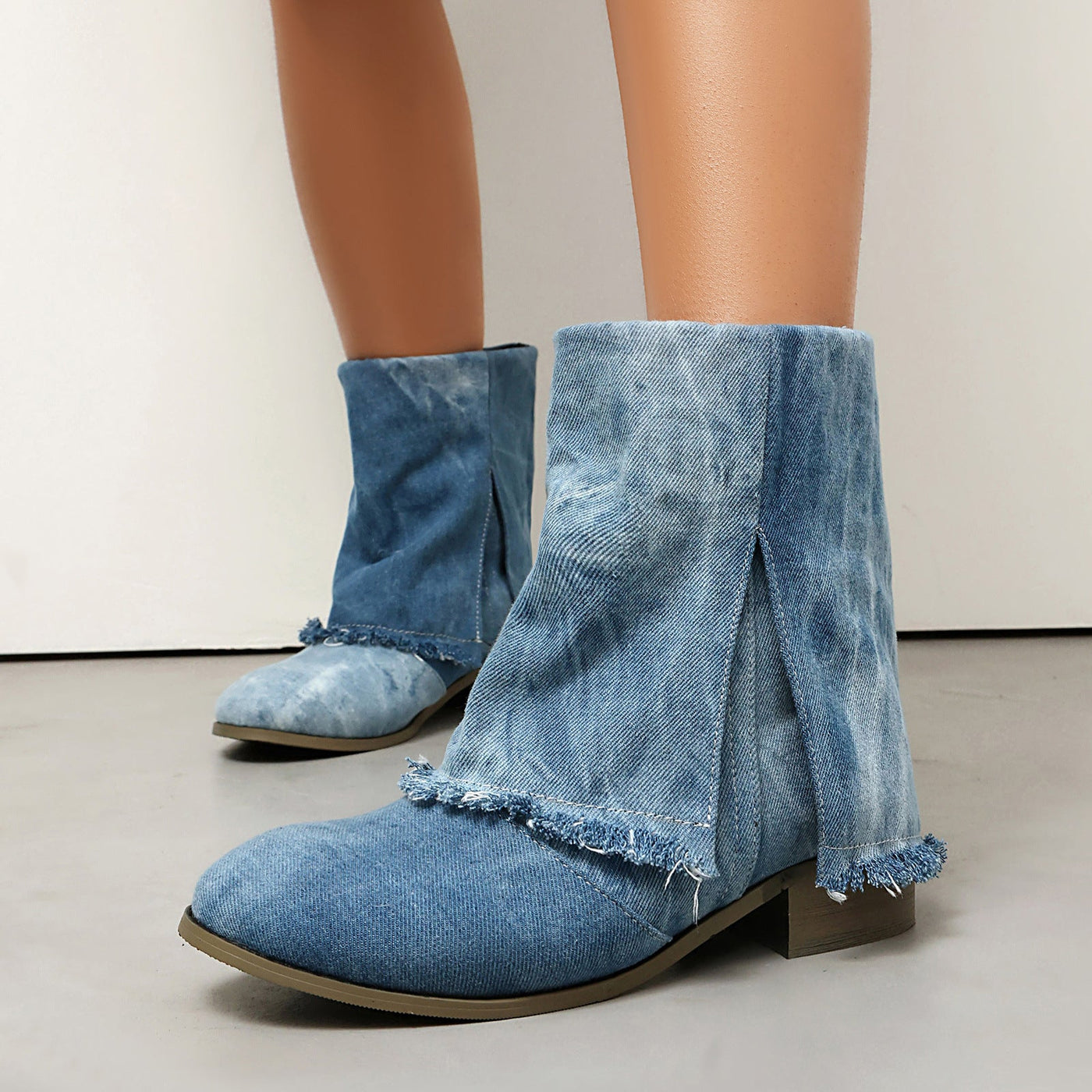 Ashford | Sunniva – Women’s Denim Slip - On Ankle Boots with Distressed Trim & Side Slits - Ashford London Clothing