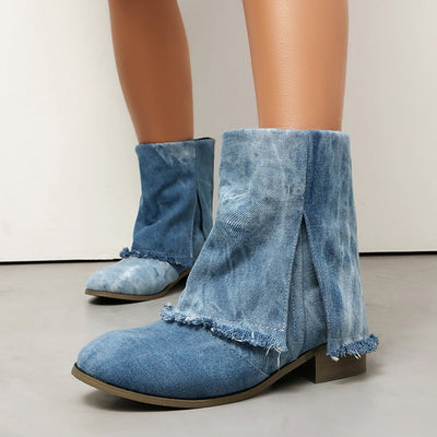 Ashford | Sunniva – Women’s Denim Slip - On Ankle Boots with Distressed Trim & Side Slits - Ashford London Clothing