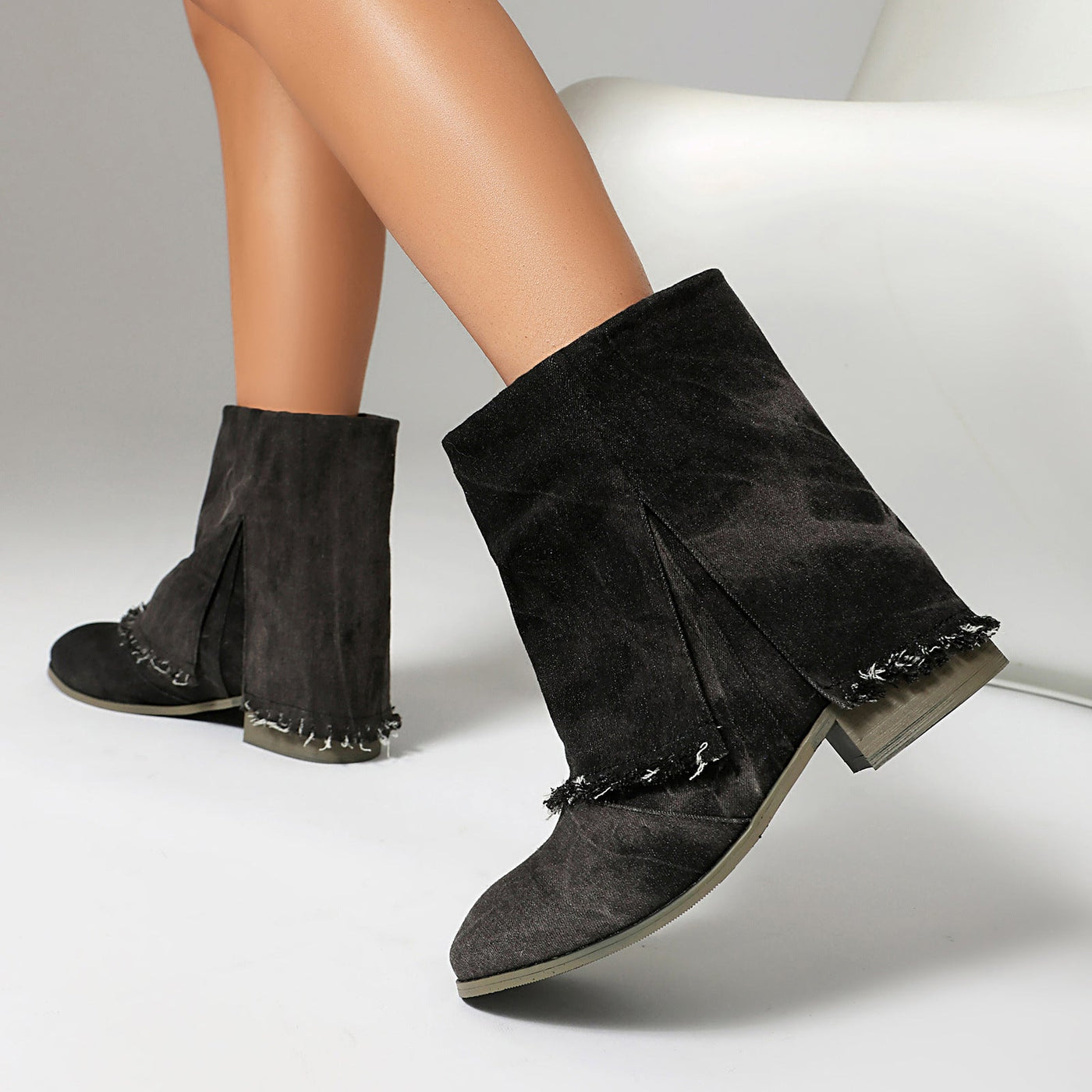 Ashford | Sunniva – Women’s Denim Slip - On Ankle Boots with Distressed Trim & Side Slits - Ashford London Clothing