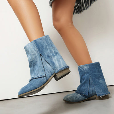Ashford | Sunniva – Women’s Denim Slip - On Ankle Boots with Distressed Trim & Side Slits - Ashford London Clothing