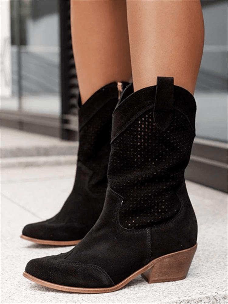 Ashford | Tamera – Women’s Mid - Calf Cowboy Boots with Perforation & Side Zip - Ashford London Clothing