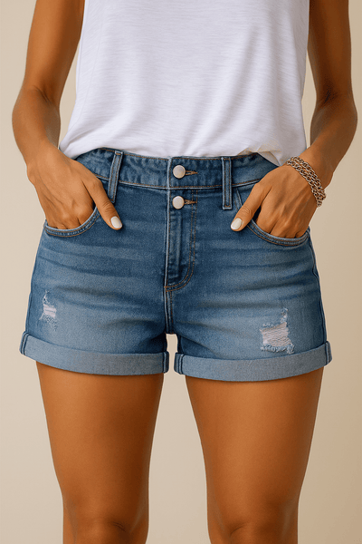 Ashford | Tina High Waist Cuffed Hem Denim Shorts - Ashford London Clothing
