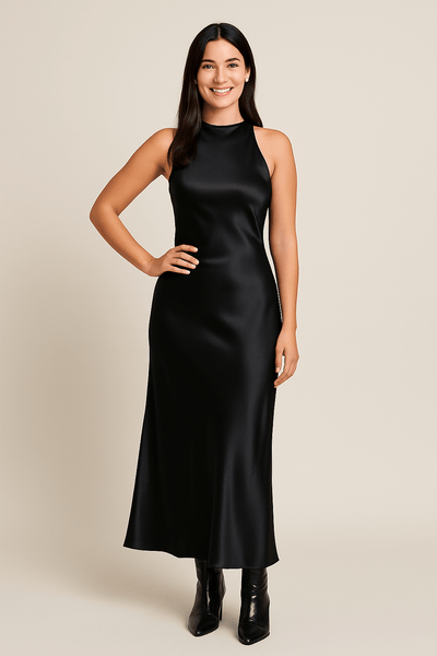 Ashford | Valeria – Satin Backless Midi Dress – Slim Fit, Draped Neckline, Occasion Style - Ashford London Clothing