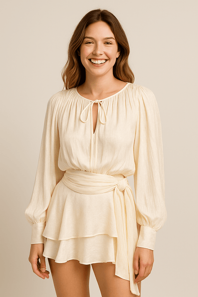 Ashford | Vivienne Women’s Mini Dress – Satin Look – Balloon Sleeves – Belted Waist - Ashford London Clothing