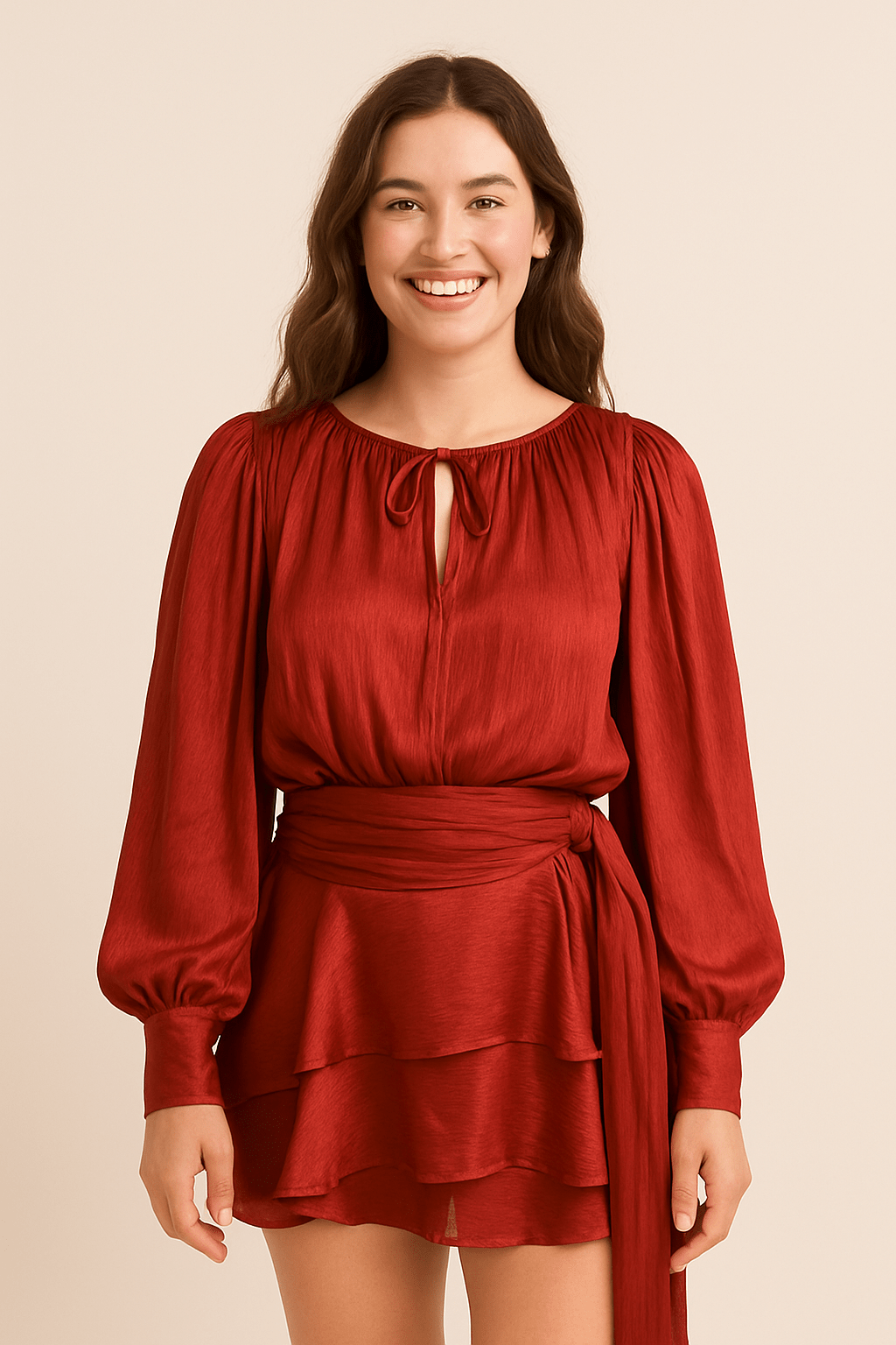 Ashford | Vivienne Women’s Mini Dress – Satin Look – Balloon Sleeves – Belted Waist - Ashford London Clothing