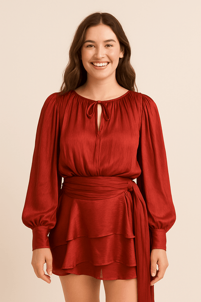 Ashford | Vivienne Women’s Mini Dress – Satin Look – Balloon Sleeves – Belted Waist - Ashford London Clothing