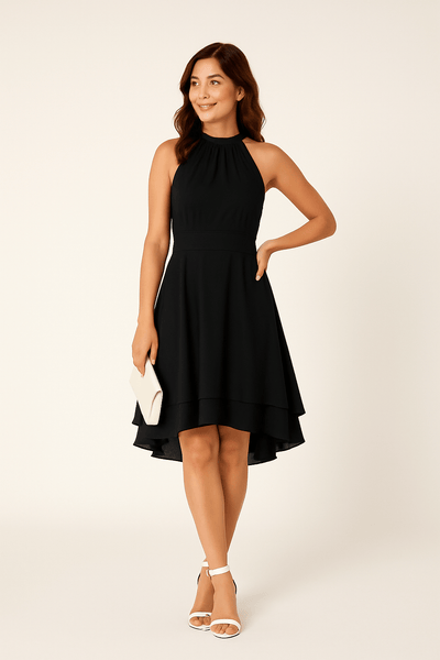 ASHFORD | Women's Dress - Halter Neck - Sleeveless - High - Low Layered Skirt - Fitted Waist - Ashford London Clothing