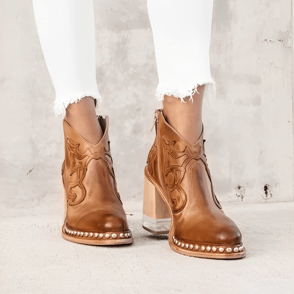 Ashford | Ysella – Women’s Embroidered PU Leather Ankle Boots with Studded Sole - Ashford London Clothing