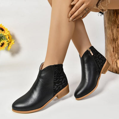 Ashford | Zayla – Women’s PU Leather Ankle Boots with Leopard Panel & Chunky Heel - Ashford London Clothing
