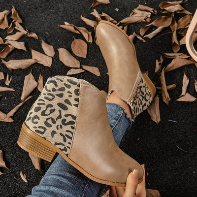 Ashford | Zayla – Women’s PU Leather Ankle Boots with Leopard Panel & Chunky Heel - Ashford London Clothing