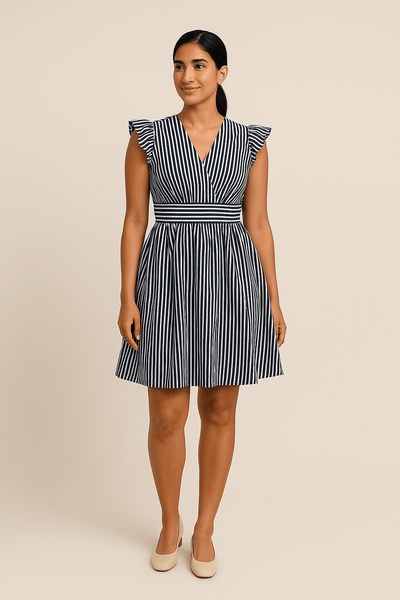 Ashford | Zoe Nautical Striped Cotton Dress with Ruffle Sleeves – Lightweight Summer Wear - Ashford London Clothing