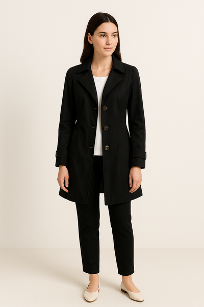 Single-Breasted Trench Coat with Notched Lapel – Knee Length