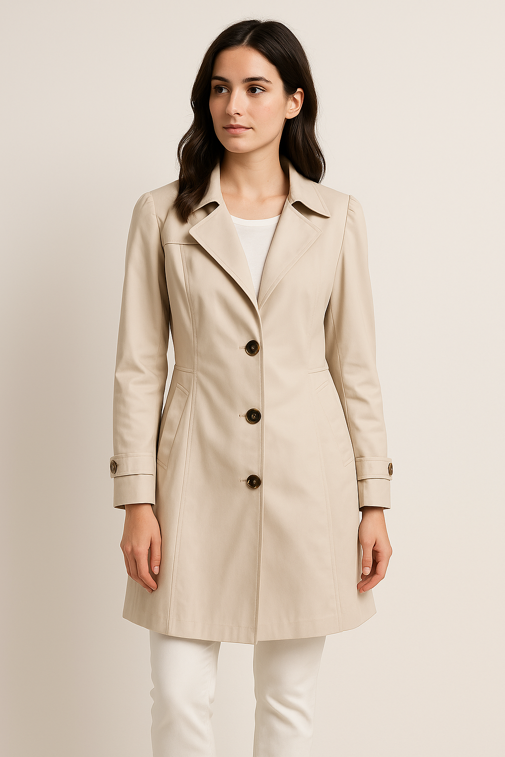 Single-Breasted Trench Coat with Notched Lapel – Knee Length