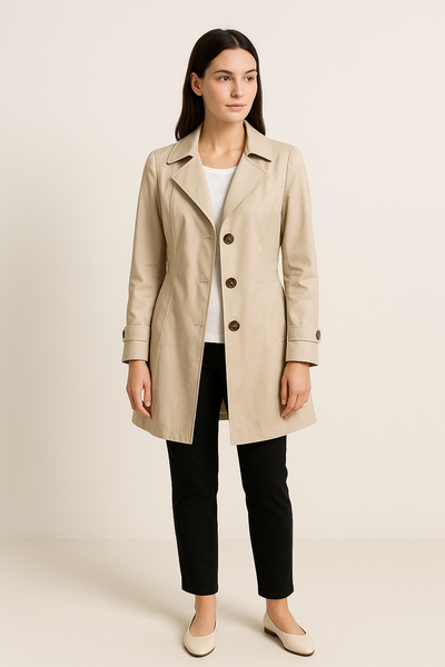 Single-Breasted Trench Coat with Notched Lapel – Knee Length