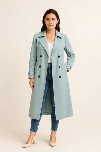 Long Double-Breasted Trench Coat with Wide Lapel – Tailored Fit