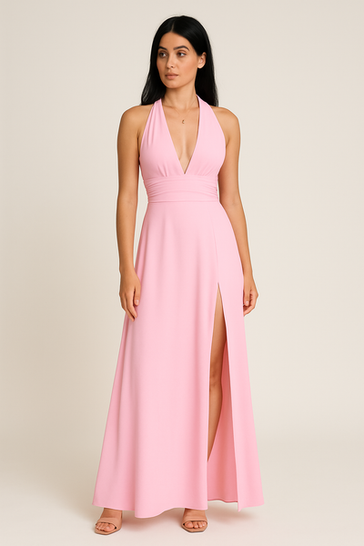 Halter Neck Maxi Dress – Flowing Backless High-Slit Evening Gown for Women