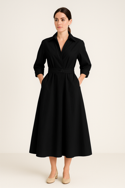 Cotton Blend Shirt Dress – Button-Front Long Sleeve Cinched Waist Dress for Women