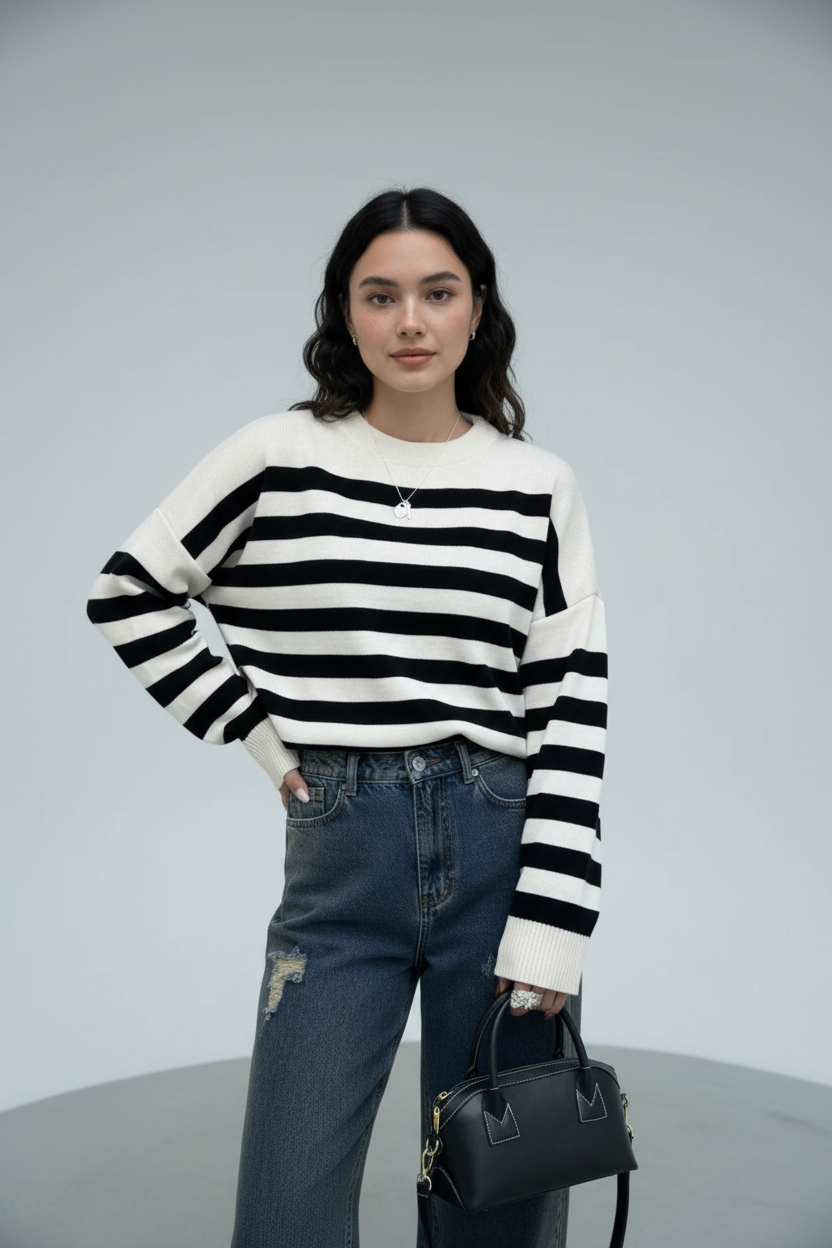 Ashford | Lani – Women’s Loose Fit Striped Knit Sweatshirt with Ribbed Hem