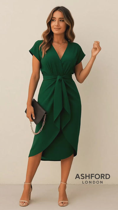 Ashford | Jolene Elegant Wrap Midi Dress with V-Neck Green