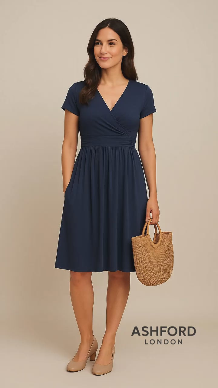 Ashford | Juliet V-Neck Short Sleeve Midi Swing Dress with Pockets